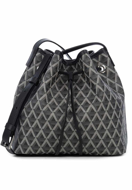 black canvas leather trimmed bucket bag